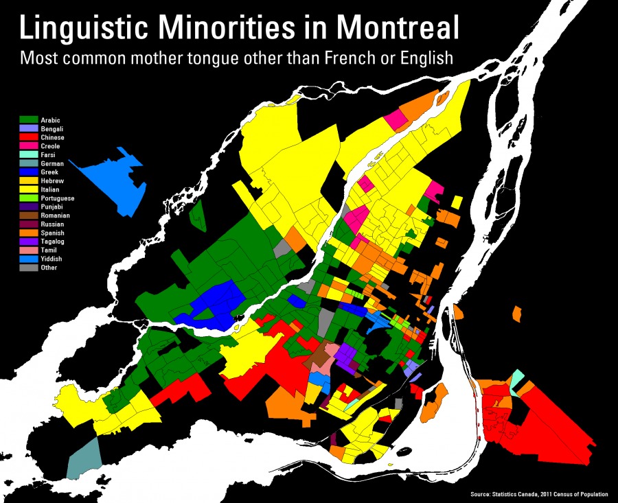 Языковые меньшинства в Монреале: наиболее распространенный родной язык, за исключением французского или английского